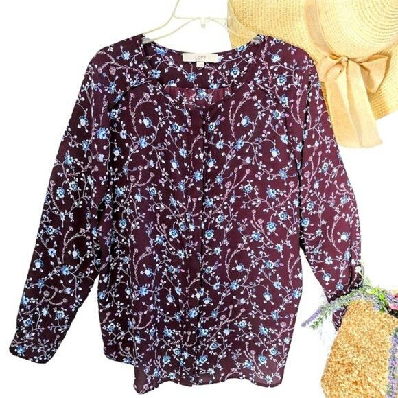 Ann Taylor Loft Women's Blouse Size Large Purple Floral Blue Hidden Button Down - Picture 1 of 15